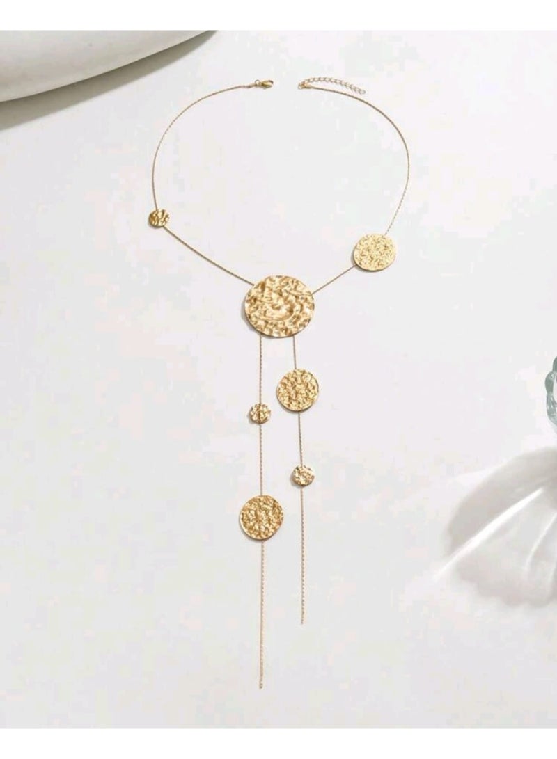 شي إن قلادة نسائية واحدة على شكل حرف Y، قلادة عصرية غير متماثلة بتصميم هندسي دائري مطروق مع شرابة طويلة - Image 4